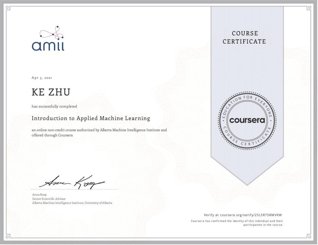 Certificate Introduction to Applied Machine Learning