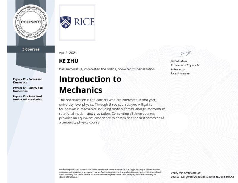 Specialization Certificate Introduction to Mechanics