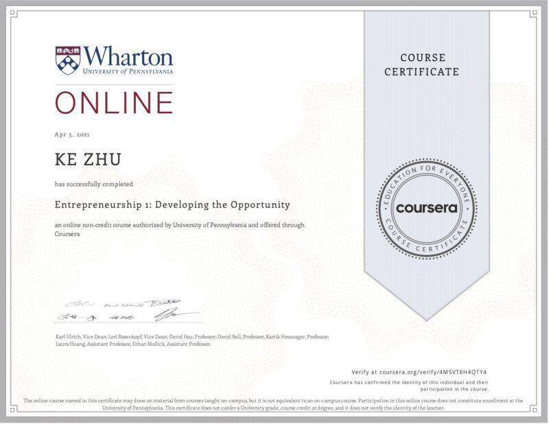 Entrepreneurship Developing Opportunity My #50 course certificate