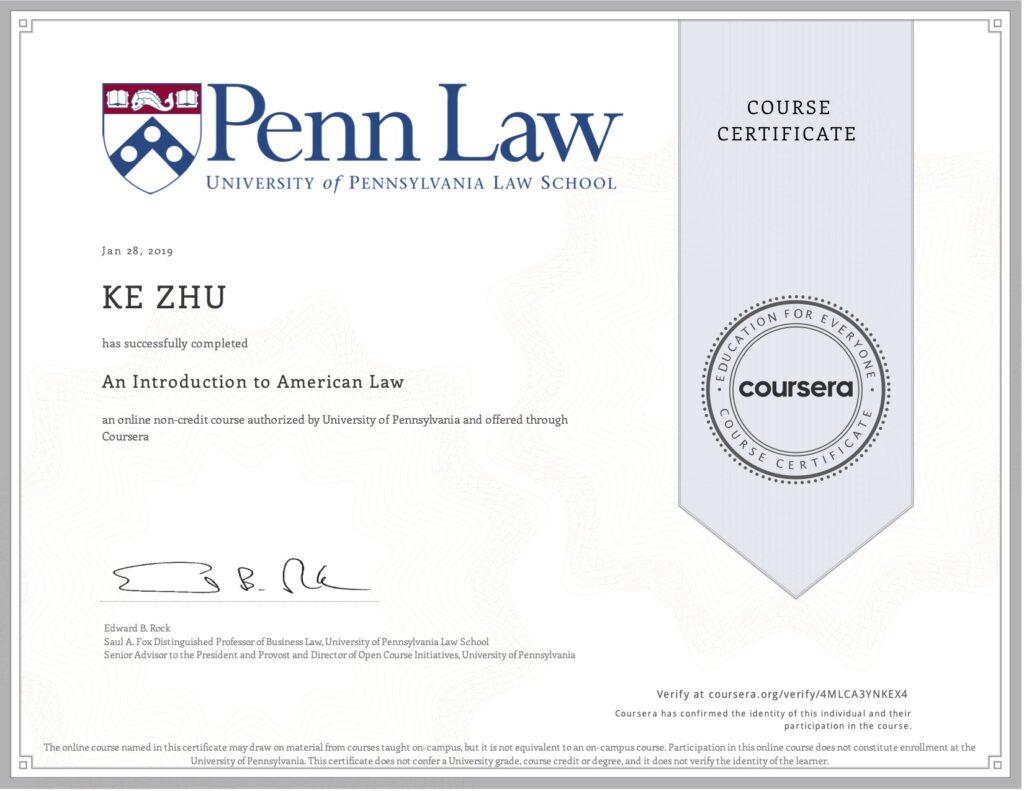 Certificate An Introduction to American Law