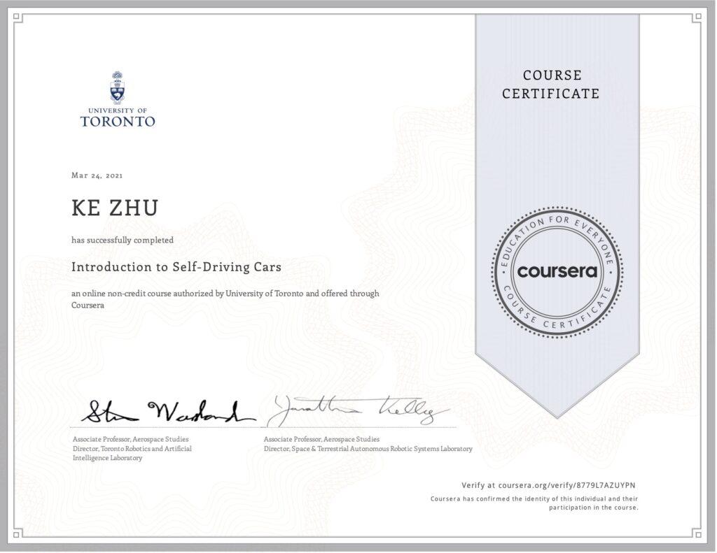 Certificate Introduction to Self-Driving Cars