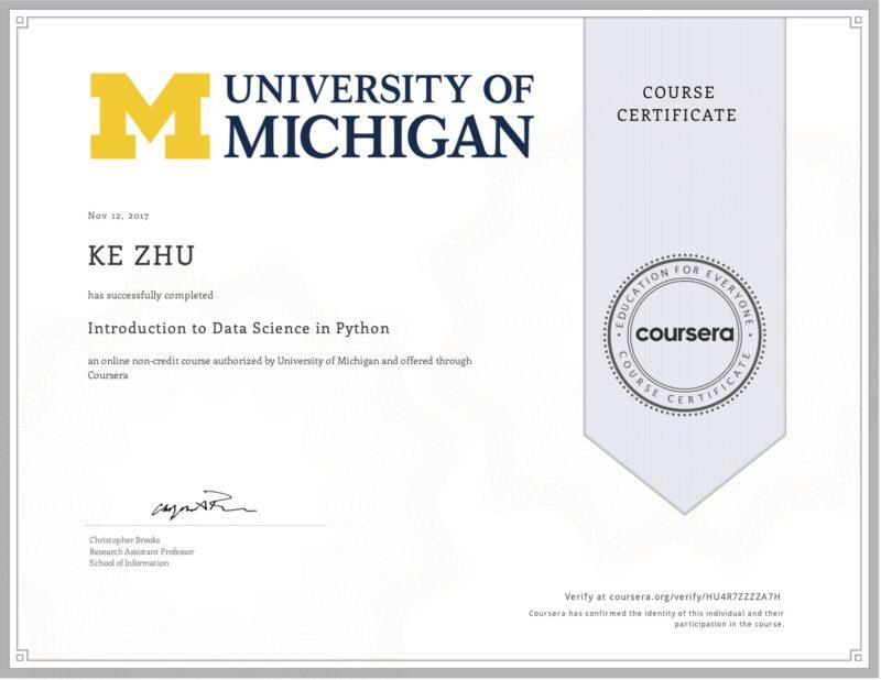 Certificate Introduction to Data Science in Python