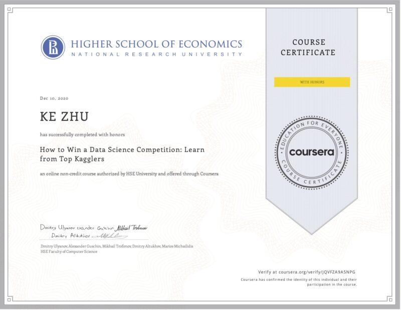 Certificate How to Win a Data Science Competition: Learn from Top Kagglers (with Honors)