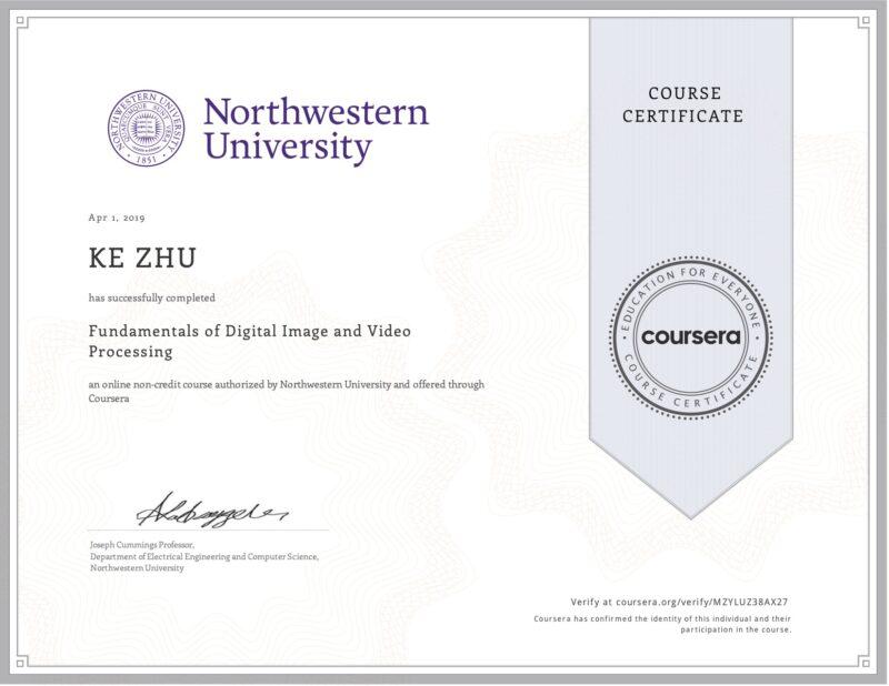 Certificate Fundamentals of Digital Image and Video Processing