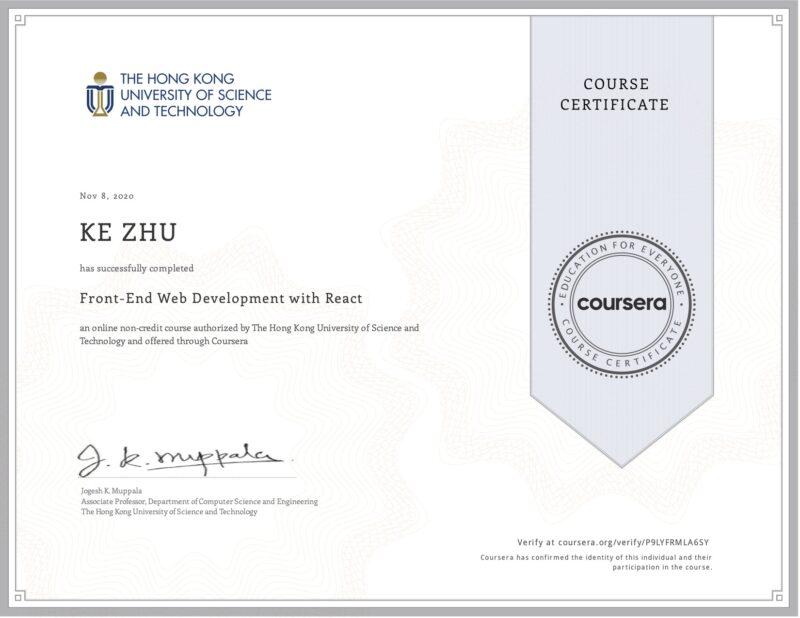 Front-End Web Development React - My #29 course certificate from Coursera -  KZHU.ai 🚀