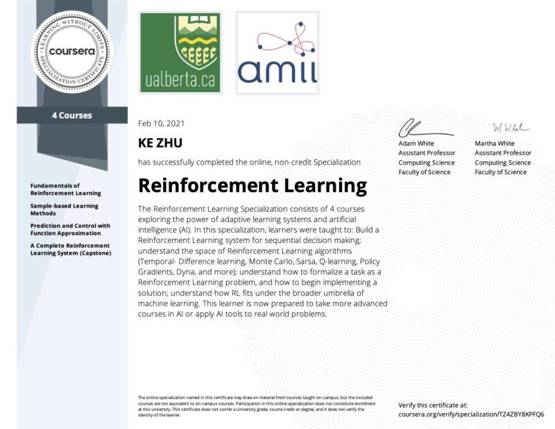 Specialization Certificate Reinforcement Learning