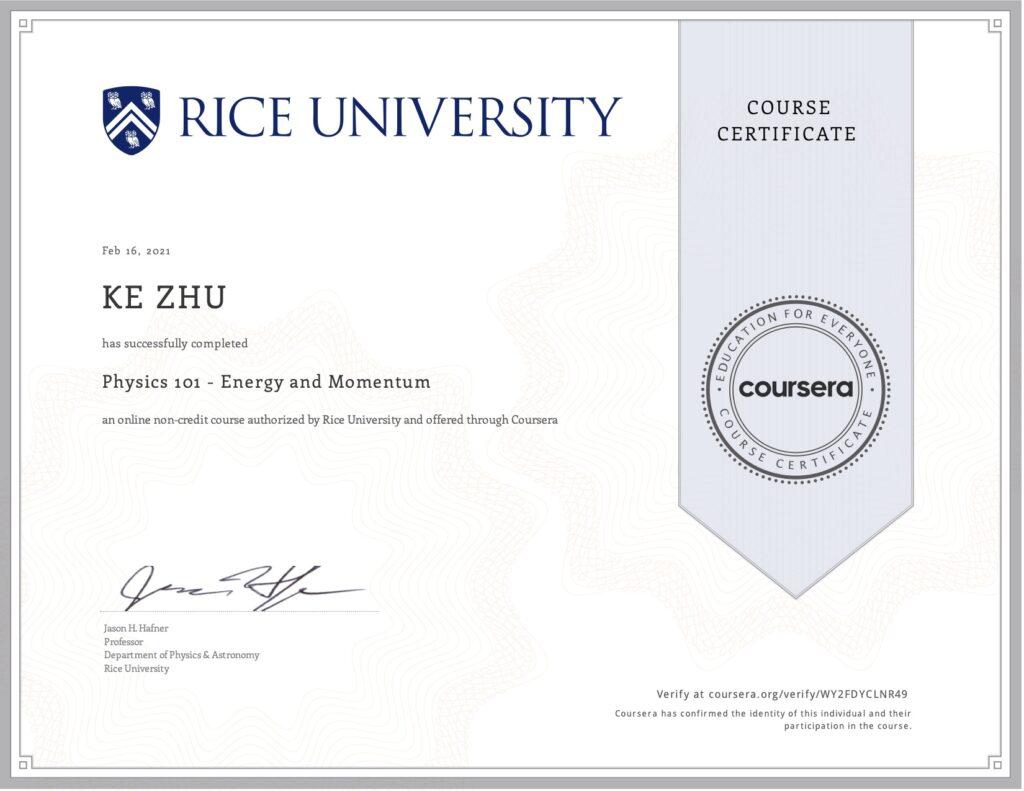 Certificate Physics 101 Energy and Momentum