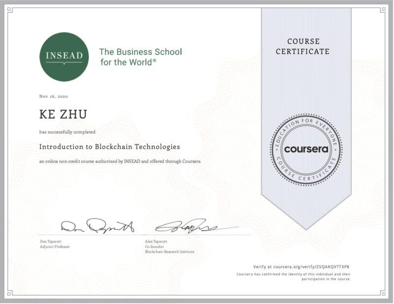 Certificate Introduction to Blockchain Technologies