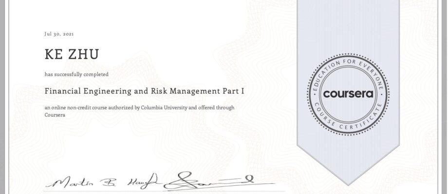 Certificate Financial Engineering and Risk Management Part I