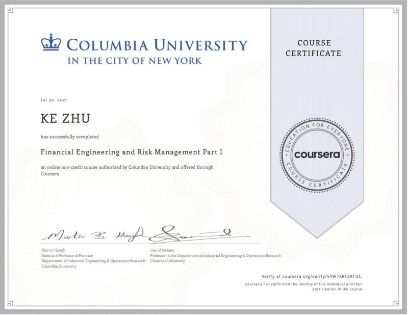 Certificate Financial Engineering and Risk Management Part I