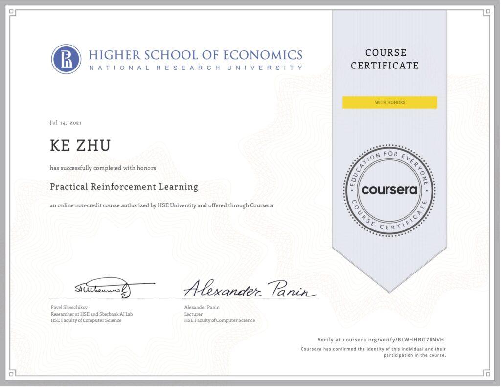 Certificate Practical Reinforcement Learning