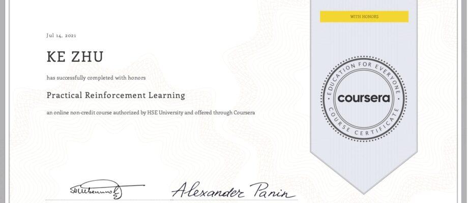 Certificate Practical Reinforcement Learning