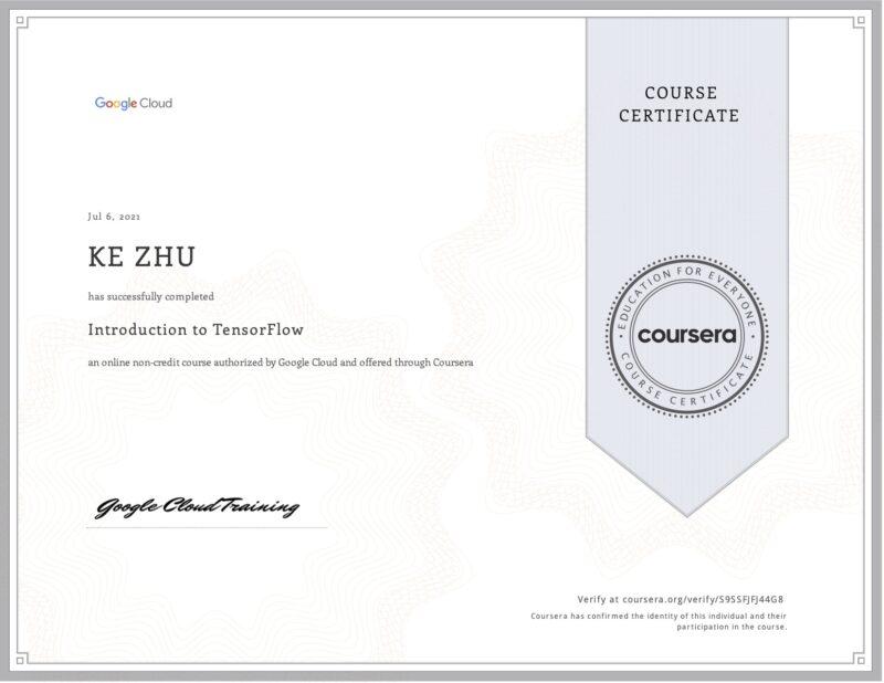 Certificate Introduction to TensorFlow