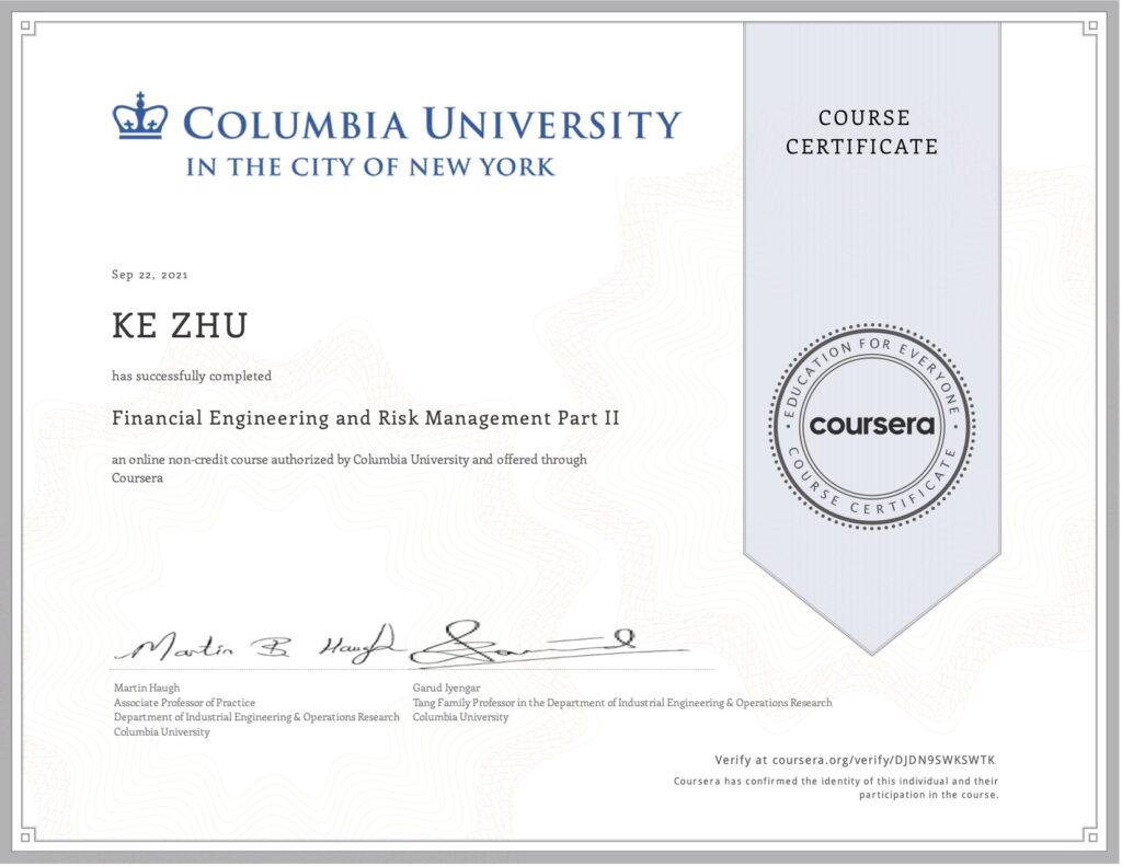 Certificate Financial Engineering and Risk Management Part II