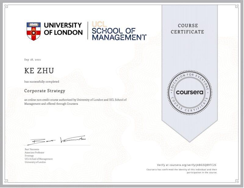 Corporate Strategy My #68 course certificate from Coursera KZHU ai 🚀