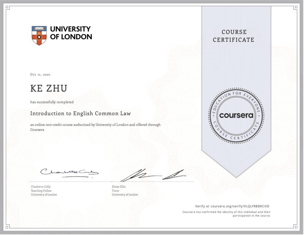 Certificate Introduction to English Common Law