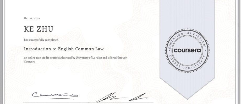 Certificate Introduction to English Common Law
