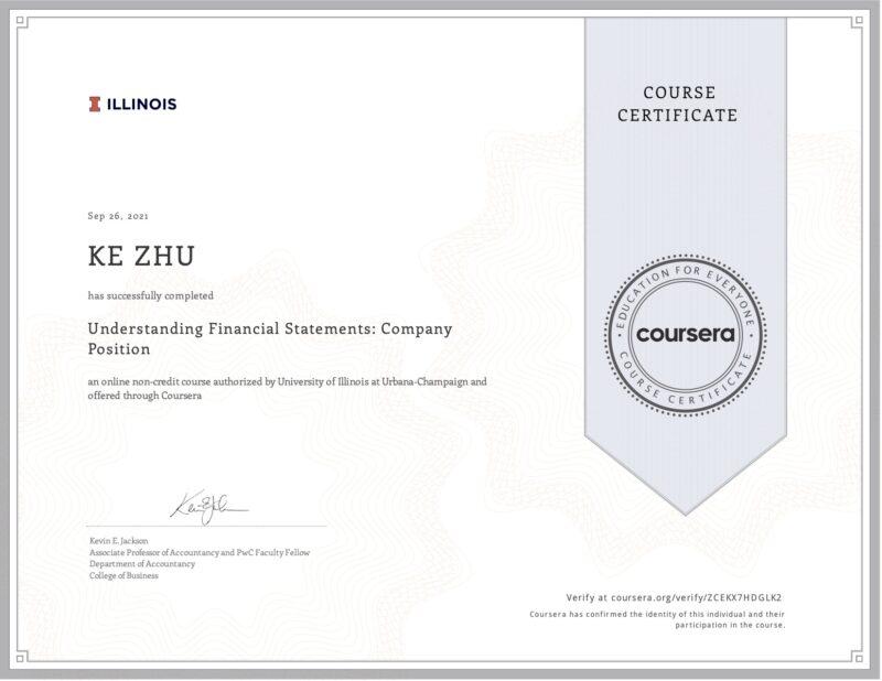 Certificate Understanding Financial Statements: Company Position
