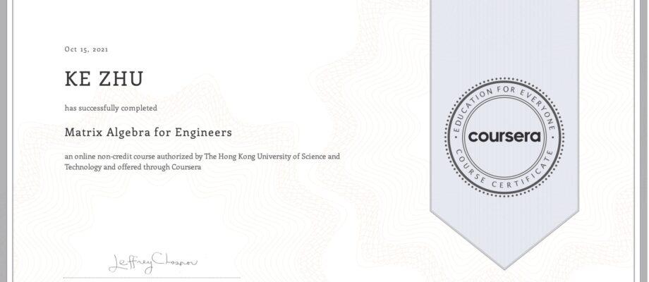 Certificate Matrix Algebra for Engineers