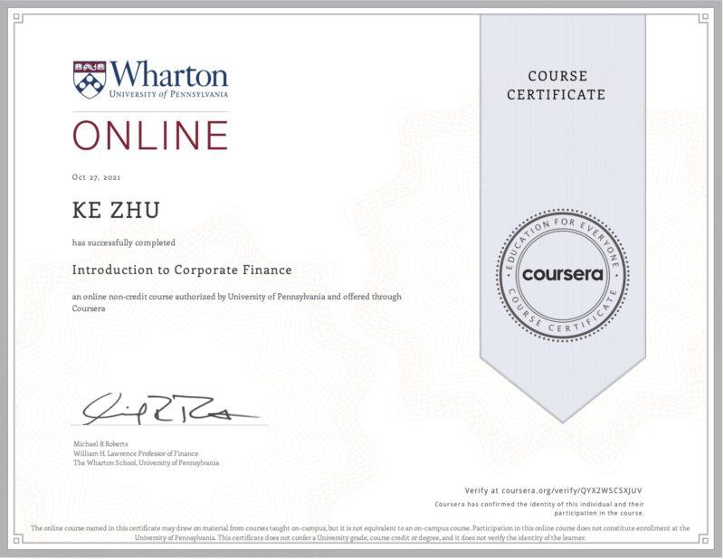 Introduction to Corporate Finance My #75 course certificate from