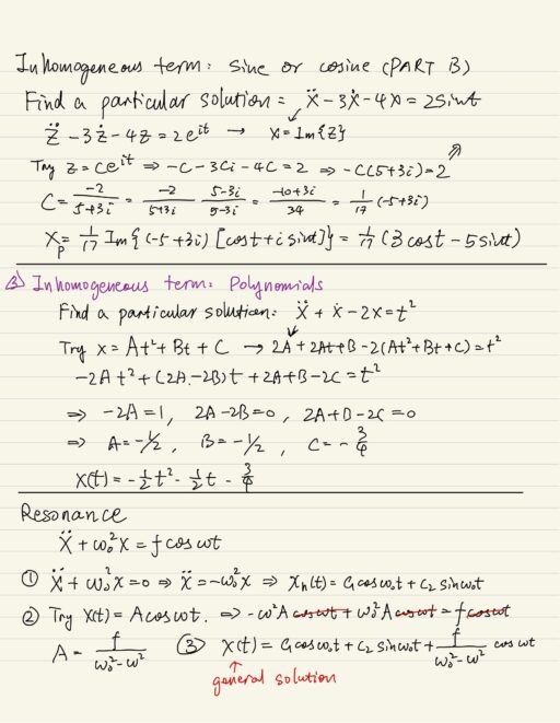 Inhomogeneous linear differential equations. Sine or Cosine (Part B). Polynomial. Resonance.