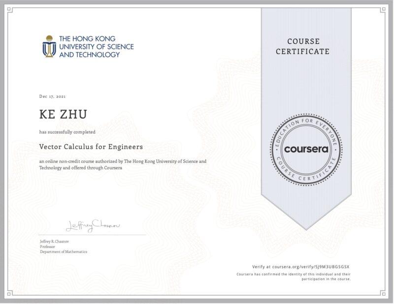 Vector Calculus for Engineers - My #81 course certificate from Coursera