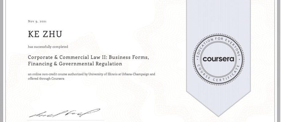 Certificate Corporate & Commercial Law II: Business Forms, Financing & Governmental Regulation