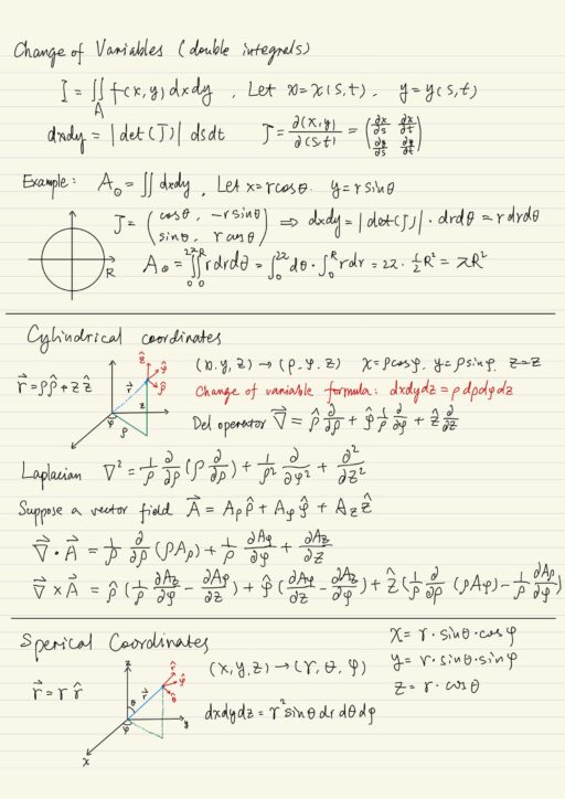Change of variable, Cylindrical coordinates, Spherical coordinates.