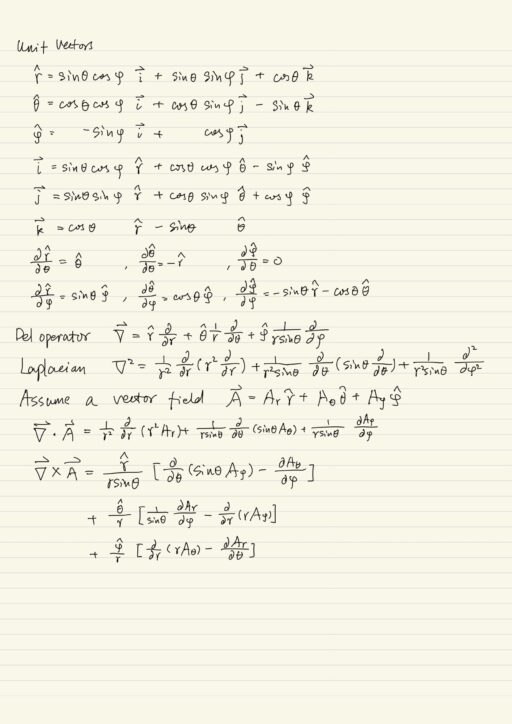 Spherical coordinates, unit vector, del operator, Laplacian, divergence, curl.