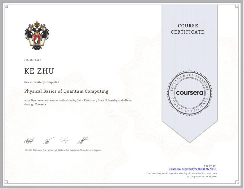 Certificate Physical Basics of Quantum Computing