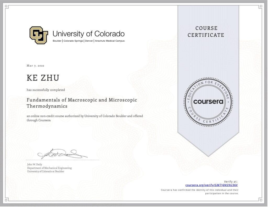 Certificate Fundamentals of Macroscopic and Microscopic Thermodynamics