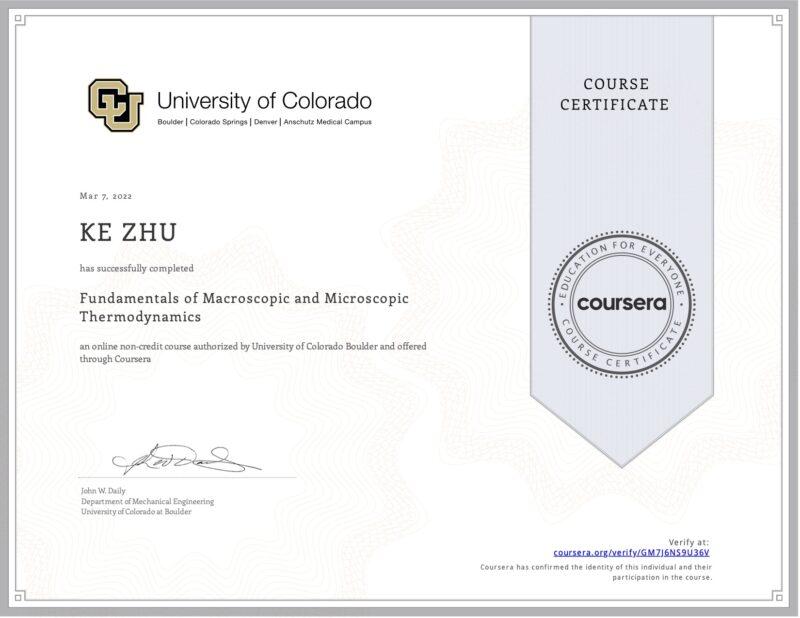 Certificate Fundamentals of Macroscopic and Microscopic Thermodynamics