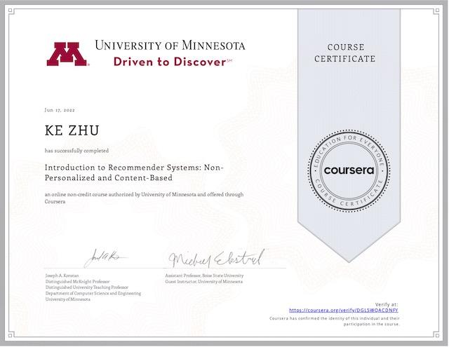 Certificate Introduction to Recommender Systems: Non-Personalized and Content-Based