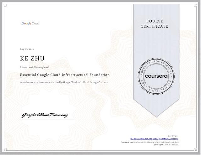 Certificate Essential Google Cloud Infrastructure: Foundation