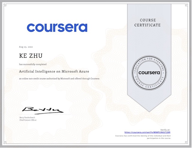 Artificial Intelligence on Microsoft Azure - My #105 course certificate  from Coursera - KZHU.ai 🚀