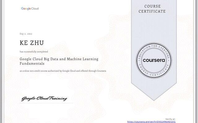 Certificate Google Cloud Big Data and Machine Learning Fundamentals