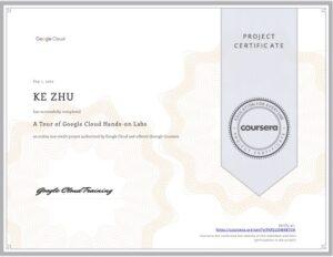 Certificate A Tour of Google Cloud Hands-on Labs