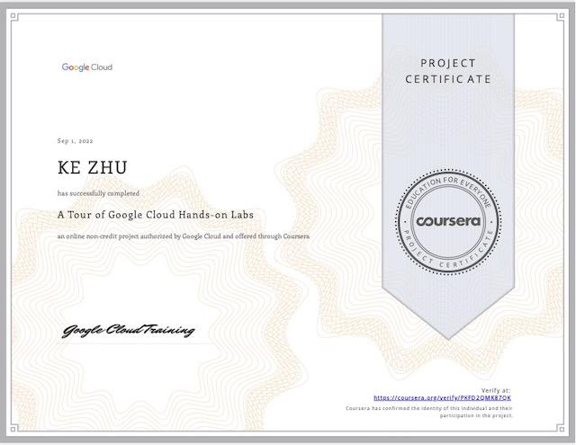 Certificate A Tour of Google Cloud Hands-on Labs