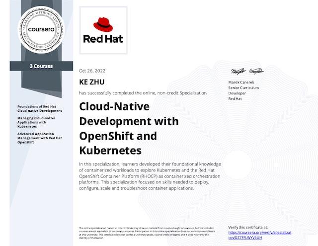 Certificate Cloud-Native Development with OpenShift and Kubernetes Specialization