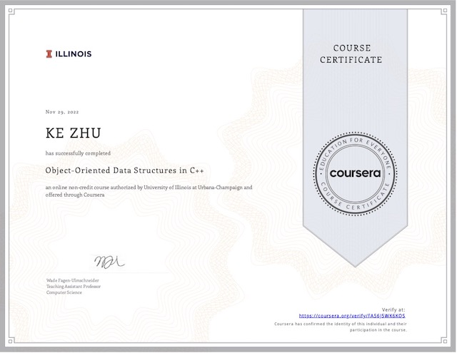 Certificate Object-Oriented Data Structures in C++