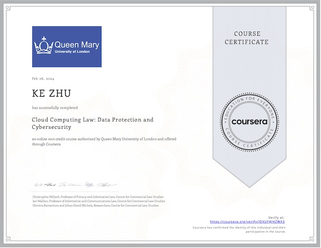 Certificate Cloud Computing Law: Data Protection and Cybersecurity