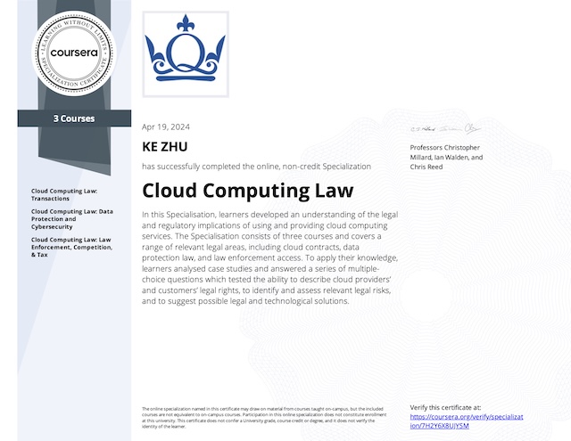 Certificate Cloud Computing Law